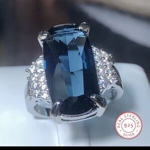 Sterling Silver Faceted London Blue Topaz  with Pavé Accents Statement Ring
